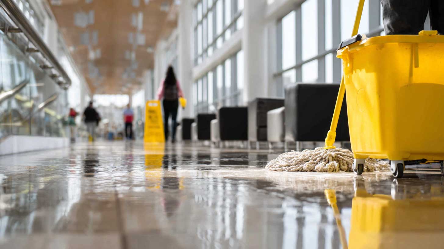 Janitor mopping shiny floor in a bright modern office hallway with large windows and black chairs.